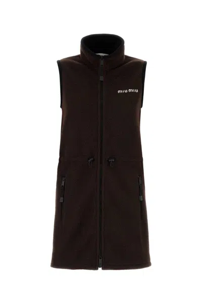 Miu Miu Mini Dress With Drawstring Waist And High Collar In Brown