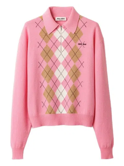 Miu Miu Argyle Pattern Polo With Ribbed Cuffs And Hem In Pink