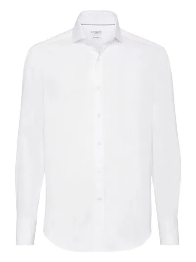Brunello Cucinelli Men Basic Fit Twill Shirt With Button-down Collar In White