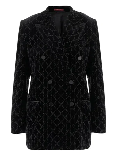 Gucci Double-breasted Velvet Coat Featuring Embroidery In Black