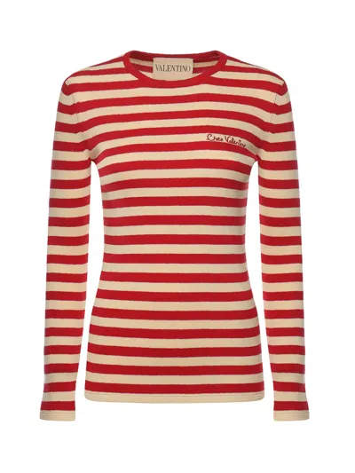 Valentino Embroidered Striped Ribbed-knit Cotton Sweater In Multi
