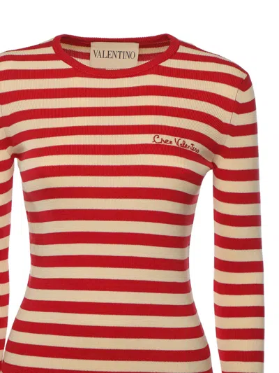 Valentino Embroidered Striped Ribbed-knit Cotton Sweater In Multi