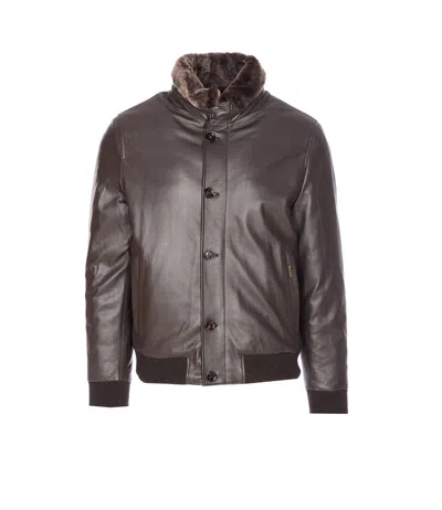 Moorer High Neck Jacket Fur Collar In Brown