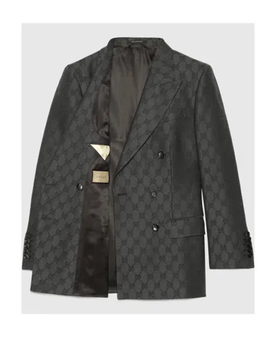 Gucci Monogram-pattern Double-breasted Blazer In Grey