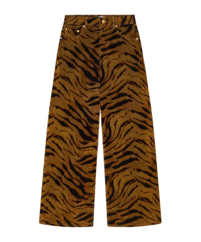 Ganni Zebra-print Cotton-blend Velveteen Wide-leg Pants In Brown