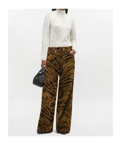 Ganni Zebra-print Cotton-blend Velveteen Wide-leg Pants In Brown