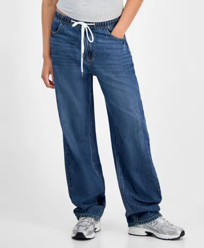Indigo Rein Juniors' Cotton Wide-leg Drawstring Jeans In Blue