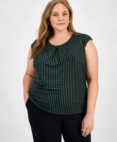 Kasper Plus Size Printed Pleat-neck Sleeveless Top In Blue