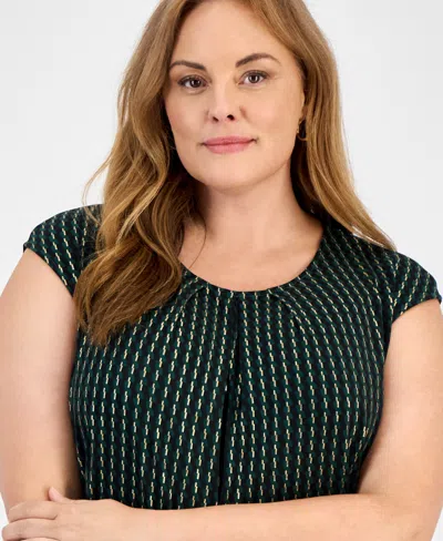 Kasper Plus Size Printed Pleat-neck Sleeveless Top In Blue