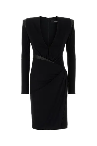 Versace Draped Long Sleeve Dress With Shoulder Pads In Black