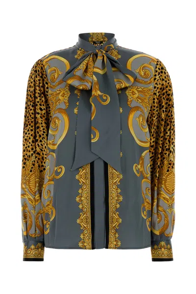 Versace Multicolor Shirt With Pussybow Collar And Leopard Motif In Silk Woman In Multi