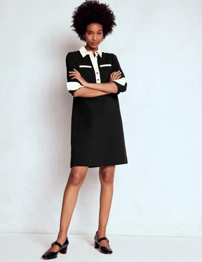 Boden Contrast Placket Long Sleeve Ponte Knit Shirtdress In Black