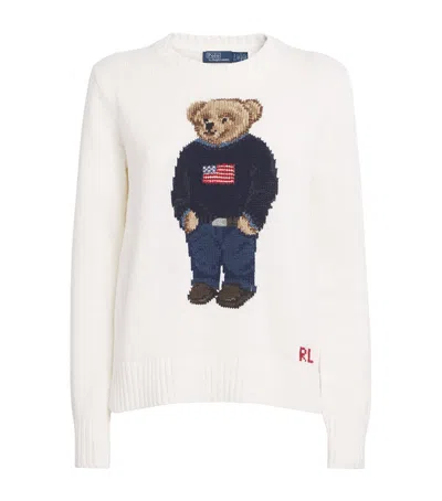 Polo Ralph Lauren Womens Deckwash White Multi Polo Bear Round-neck Linen-cotton Knitted Jumper In Yellow