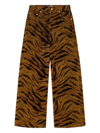 Ganni Zebra-print Cotton-blend Velveteen Wide-leg Pants In Brown