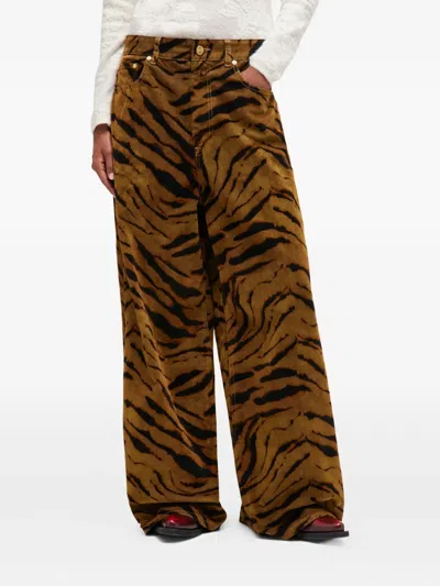 Ganni Zebra-print Cotton-blend Velveteen Wide-leg Pants In Brown