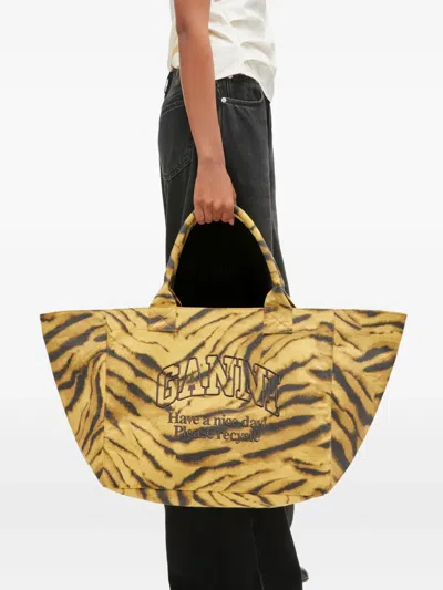 Ganni Zebra Print Xxl Shopper Canvas Tote Bag In Yellow