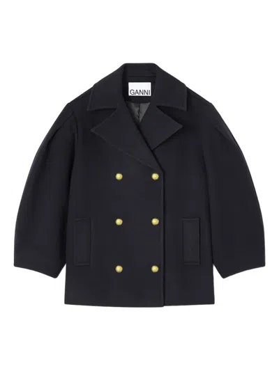 Ganni Balloon-sleeve Double-breasted Coat In Black