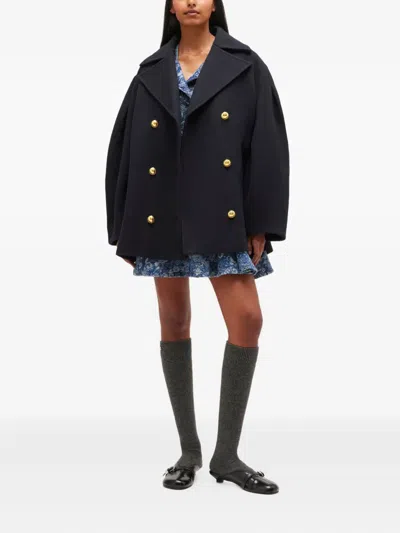 Ganni Balloon-sleeve Double-breasted Coat In Black