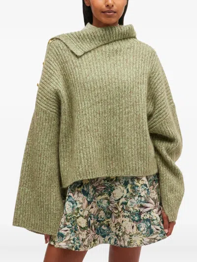 Ganni Sweater With Asymmetrical Neck  In Green