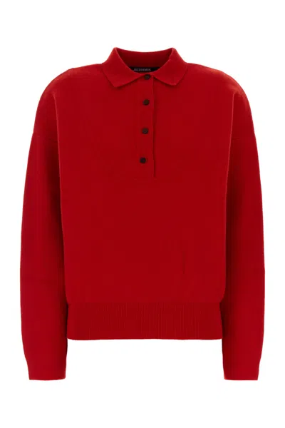 Jacquemus Pallone Vareuse-style Knit Polo Sweater In Red