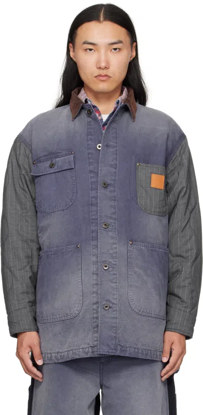 Khoki Quilted-panel Corduroy-collar Jacket In Blue