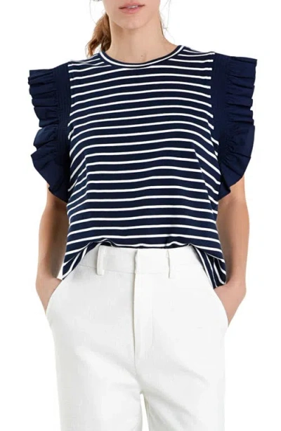 English Factory Stripe Flutter Sleeve T-shirt In Blue