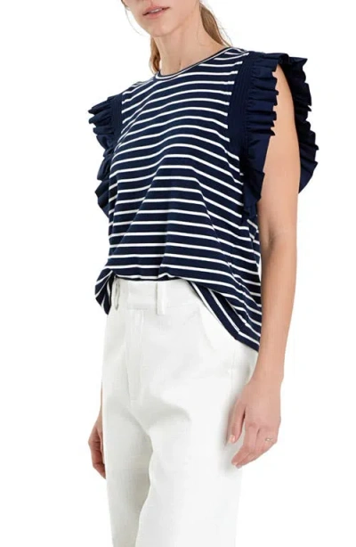 English Factory Stripe Flutter Sleeve T-shirt In Blue
