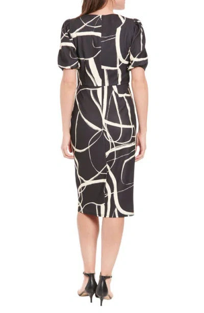 London Times Puff Sleeve Tie Waist Midi Dress In Black