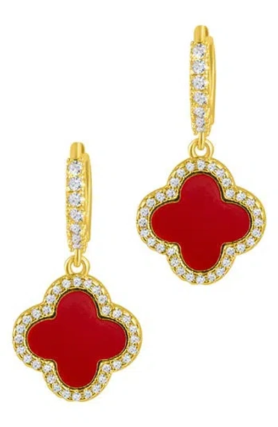 Adornia 14k Gold Plated Crystal Halo Orange Clover Dangle Huggie Earrings In Gold