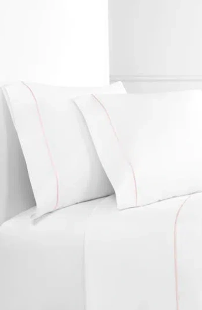 Melange Home Single Stripe Embroidered 300 Thread Count Cotton Percale Sheet Set In White