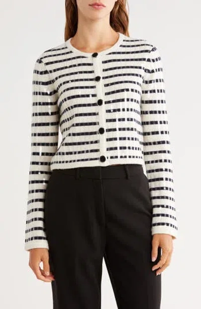 Derek Lam 10 Crosby Nebula Sequined Striped Ribbed Wool-blend Cardigan In White