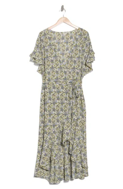 Max Studio Short Sleeve Wrapped Midi Dress In Green