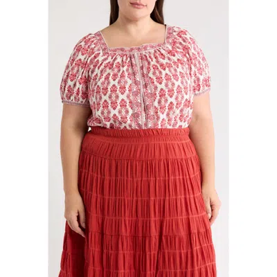 Max Studio Square Neck Puff Sleeve Cotton Blend Top In Red