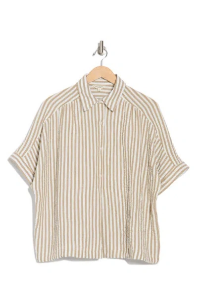 Max Studio Stripe Short Sleeve Textured Button-up Shirt In Neutral