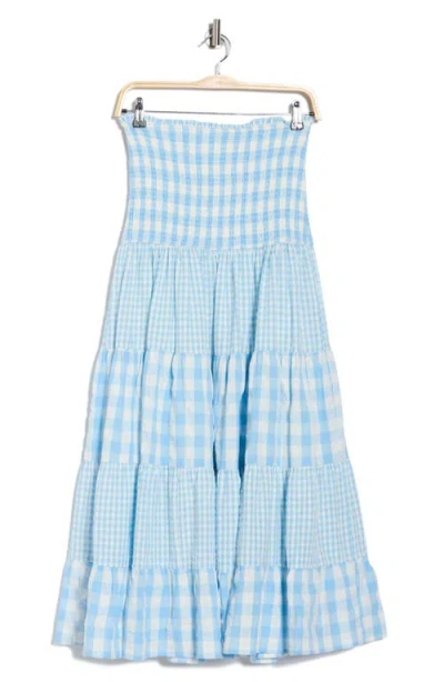 Avec Les Filles Mixed Print Tiered Cotton Gingham Maxi Skirt In Blue
