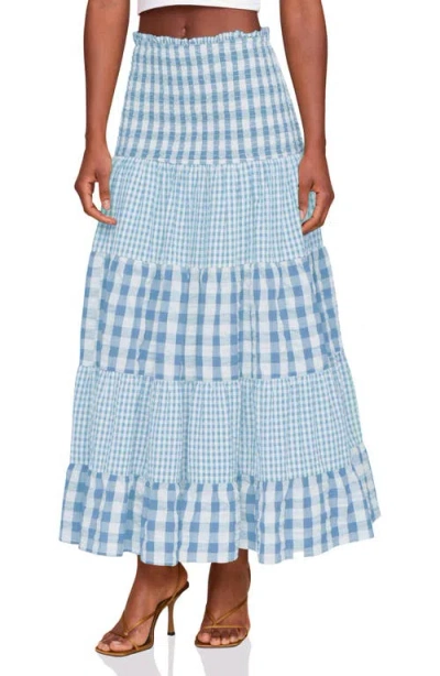 Avec Les Filles Mixed Print Tiered Cotton Gingham Maxi Skirt In Blue