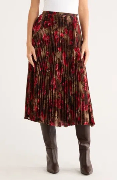 L'agence Fernanda Floral Pleated Midi Skirt In Brown