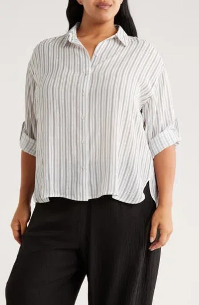 Max Studio Stripe Roll Sleeve Button-up Shirt In White