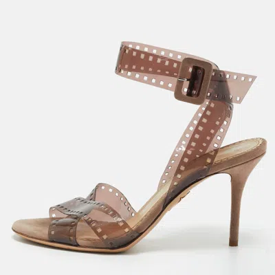 Pre-owned Charlotte Olympia Brown Pvc And Suede Take 85 Film Strap Sandals Size 36.5