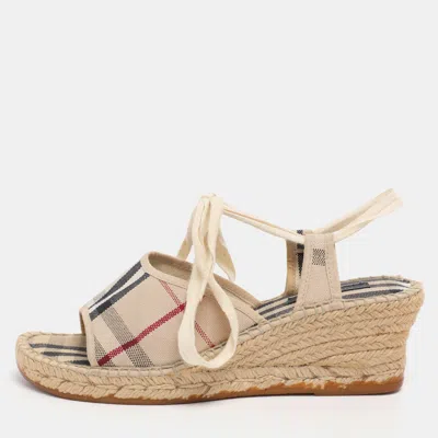 Pre-owned Burberry Beige Canvas Nova Check Wedge Ankle Strap Espadrilles Size 38 In Sand