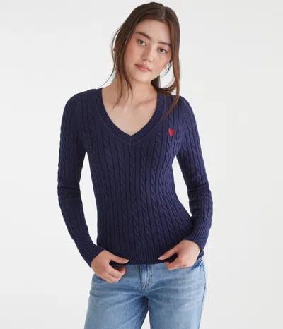 Aéropostale Heart Cable V-neck Sweater In Blue