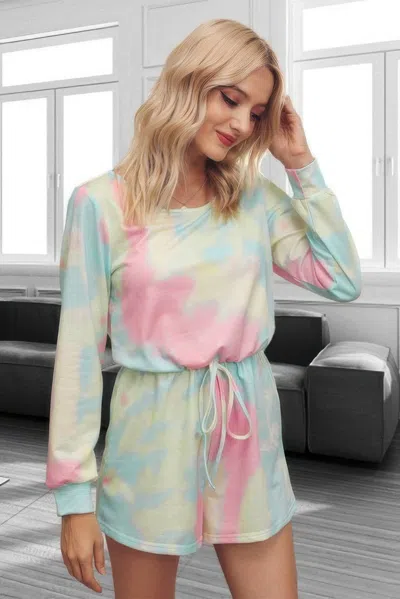 Truedames Tie Dye Round Neck Drawstring Romper In Multi