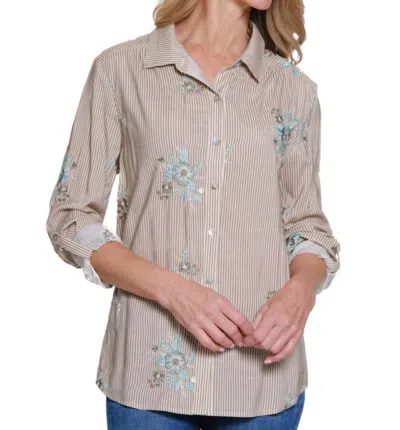 Multiples Roll Tab Front Button Shirt With Embroidery In White In White