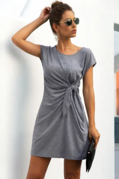 Truedames Solid Twist Knot Front Short Sleeve Tee Fit Dress In Gray