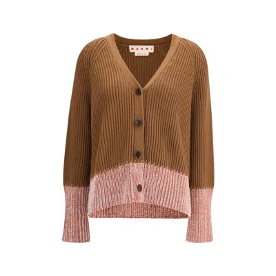 Marni Long Sleeve Merino Wool V-neck Cardigan In Brown