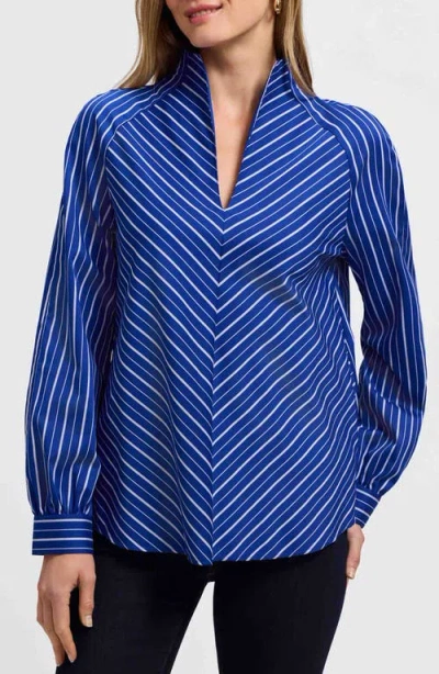 Foxcroft Daphne Stripe Stretch Cotton Blend Pullover Shirt In Blue