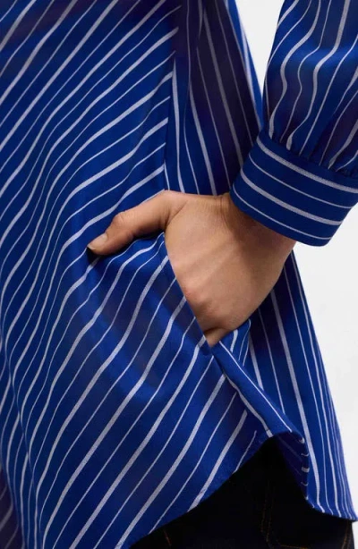 Foxcroft Daphne Stripe Stretch Cotton Blend Pullover Shirt In Blue