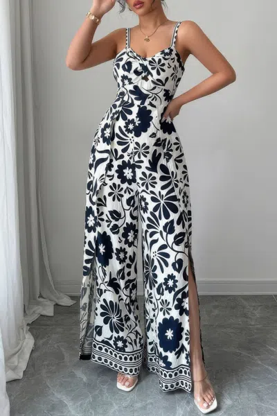 Truedames Floral Print High Waist Split Wide Leg Fit Jumpsuit In Black