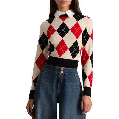 Alice And Olivia Carolann Collared Argyle Sweater In Neutral
