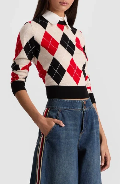 Alice And Olivia Carolann Collared Argyle Sweater In Neutral